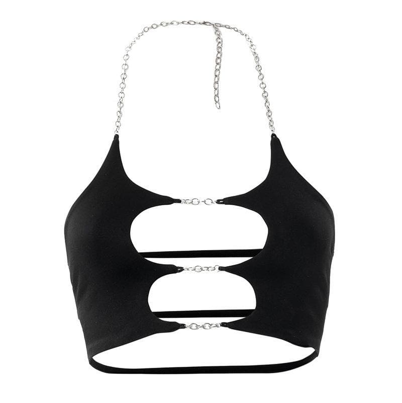 Metal chain hollow out solid crop halter cut out top