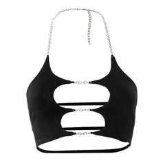 Metal chain hollow out solid crop halter cut out top