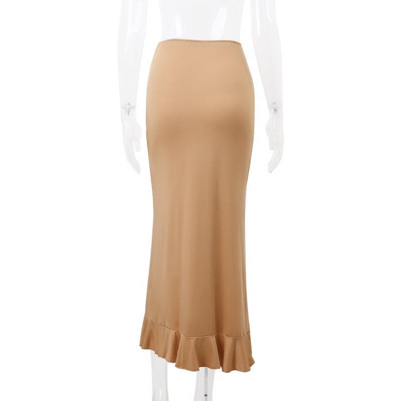 Ruffle solid ruched self tie low rise midi skirt