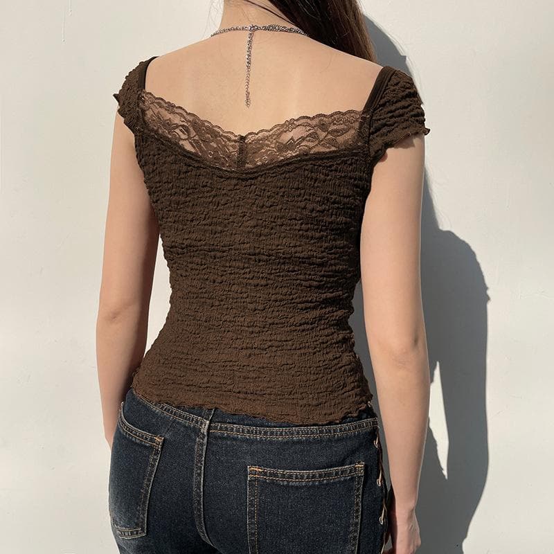 Textured cap sleeve lace hem solid backless top