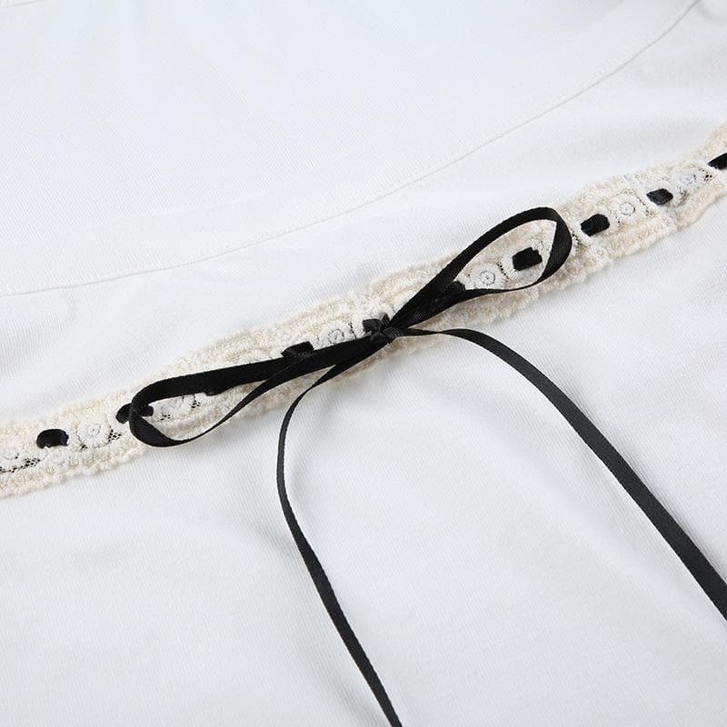 Square neck contrast long sleeve stitch bowknot crop top