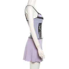 Lace ruffle patchwork ribbedribbed cami mini dress