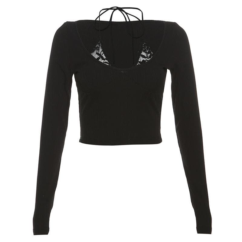 Patchwork halter solid long sleeve crop top