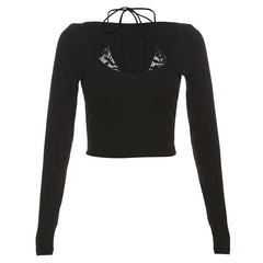 Patchwork halter solid long sleeve crop top