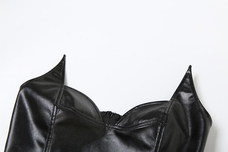 Solid PU leather zip-up v neck backless bustier tube crop top
