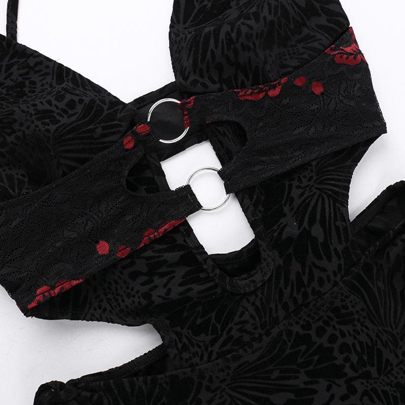 Cap sleeve halter o ring deep V neck hollow out lace mini dress