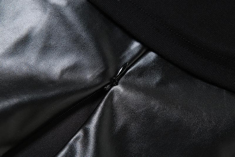 Off shoulder ruched patchwork PU leather long sleeve crop top