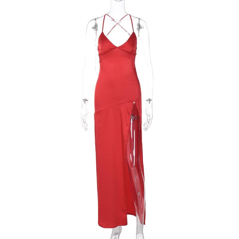 Slit cross back satin backless solid v neck maxi dress