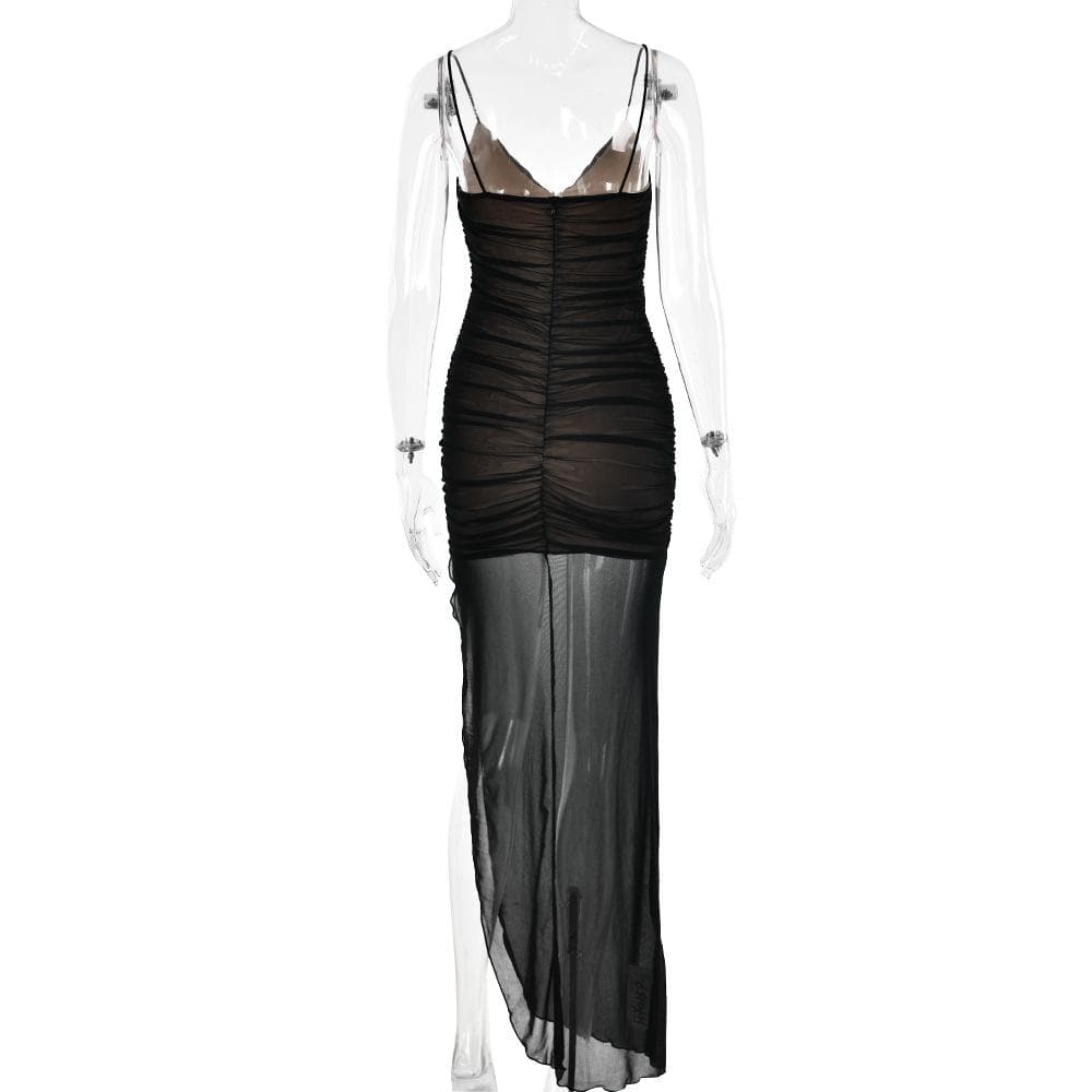 Mesh v neck ruched slit zip-up spaghetti strap maxi dress