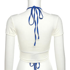 Short sleeve self tie contrast halter button 2 piece crop top