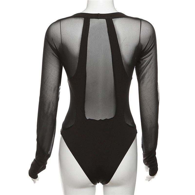 Square neck mesh patchwork long sleeve gloves bodysuit