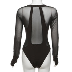 Square neck mesh patchwork long sleeve gloves bodysuit