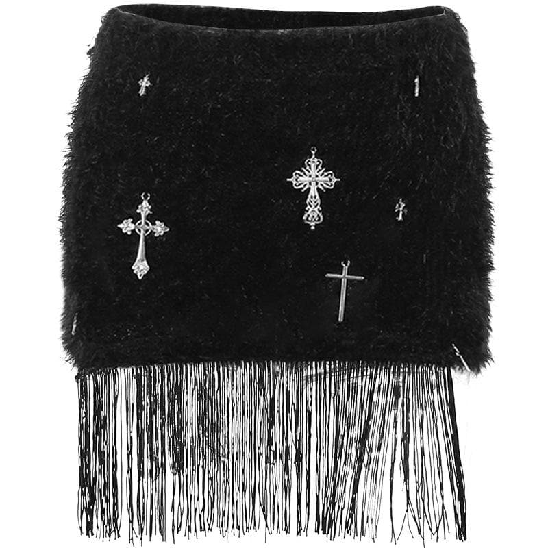 Tassels cross applique fluffy mini skirt