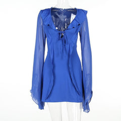 Ruffle long flared sleeve self tie chiffon solid mini dress