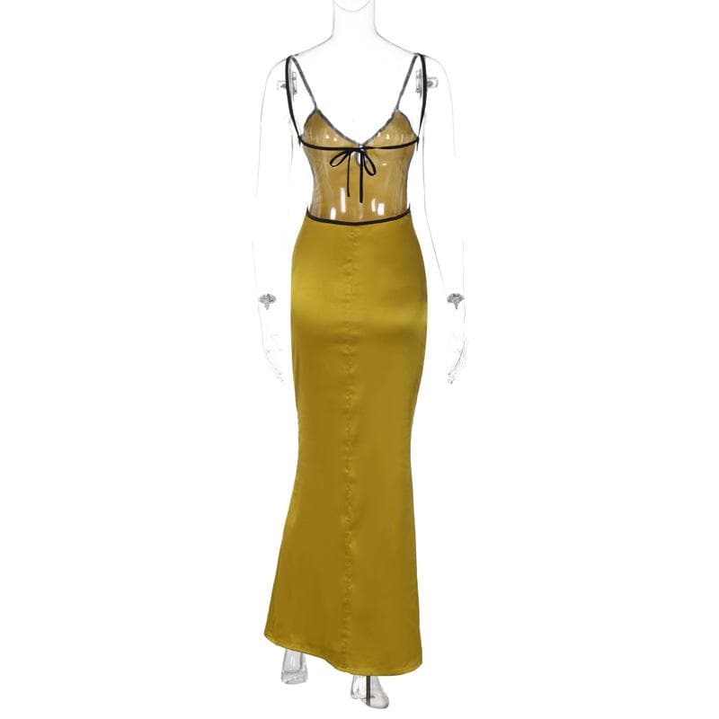 Backless v neck self tie contrast hollow out cami maxi dress