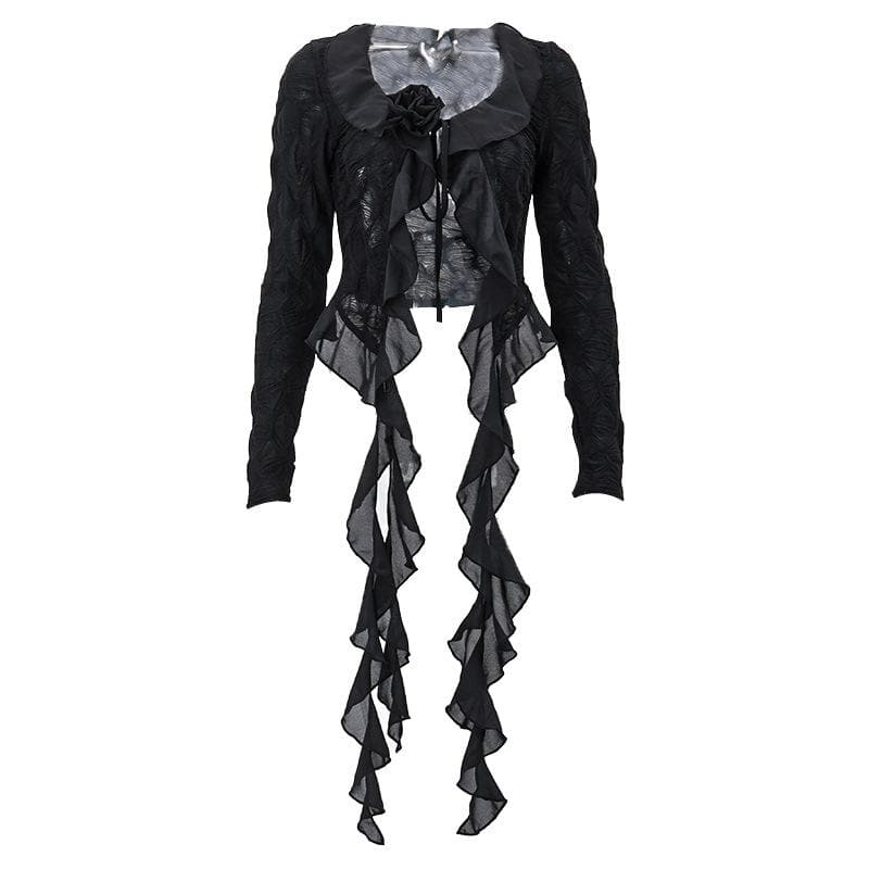 Textured long sleeve ruffle self tie solid crop top