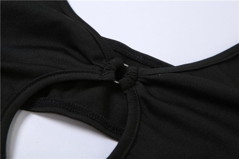 Solid hollow out low cut o ring irregular backless bodysuit
