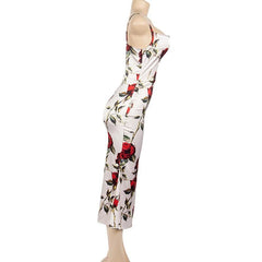 Rose flower print satin contrast cowl neck backless zip-up cami midi dress