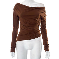 Cowl neck long sleeve solid off shoulder ruched top