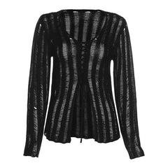Solid long sleeve knitted slit lace up self tie top