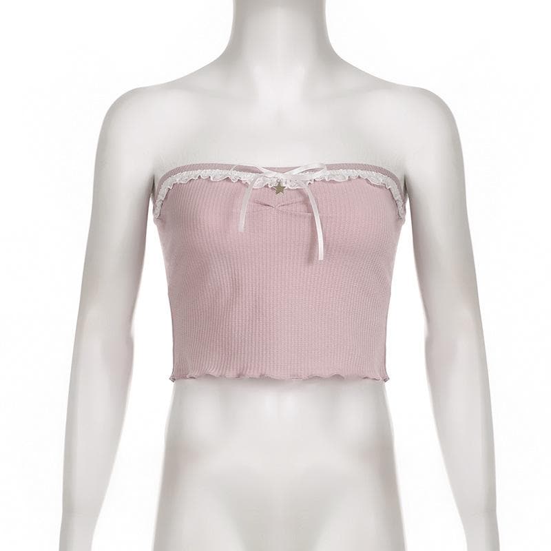 Textured lace hem backless ruffle contrast tube crop top