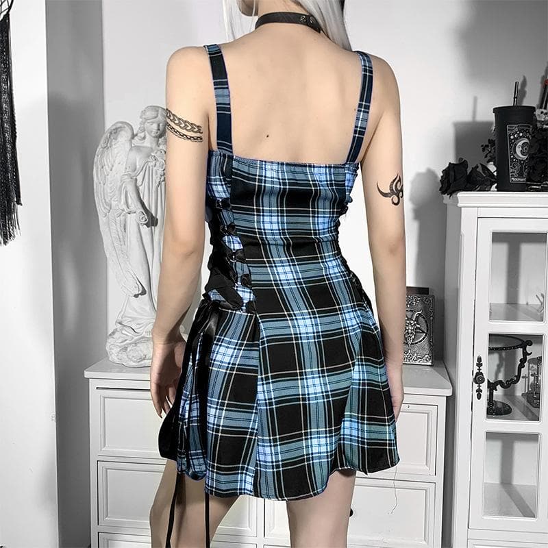 Plaid zip-up contrast sleeveless lace up backless mini dress