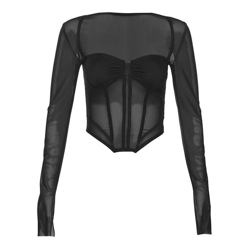 Corset mesh long sleeve solid ruched square neck crop top