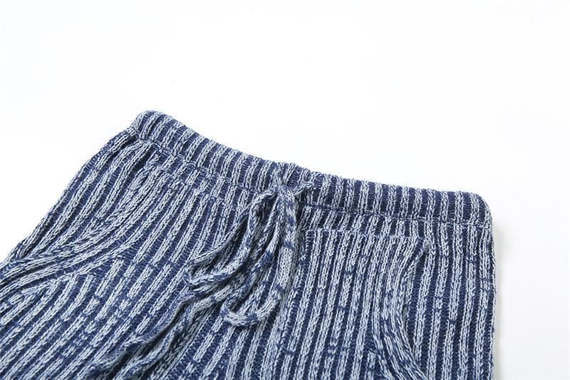 Textured striped contrast halter slit pocket v neck pant set