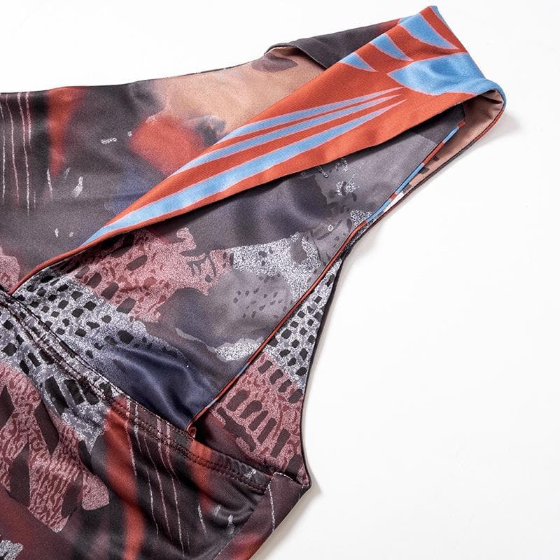 One shoulder irregular contrast print top
