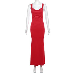Cowl neck bowknot backless solid cami maxi dress