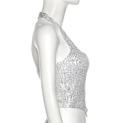 Beaded halter zip-up backless solid sleeveless crop top