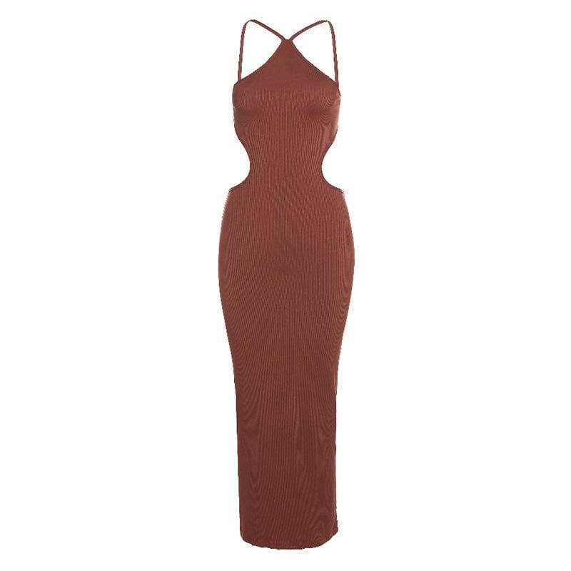 Back Ribbed Dress Hollow out halter open back ribbed midi dress – Suncoy