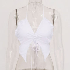 Double layered butterfly halter solid self tie backless top