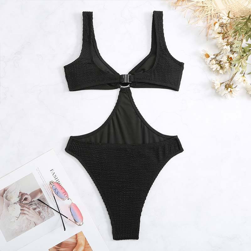 Textured hollow out o ring one piece swimwear