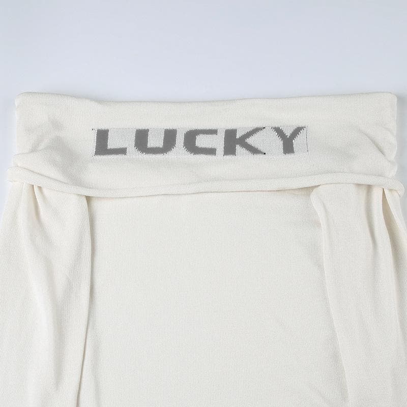 Off shoulder "LUCKY" pattern long sleeve top