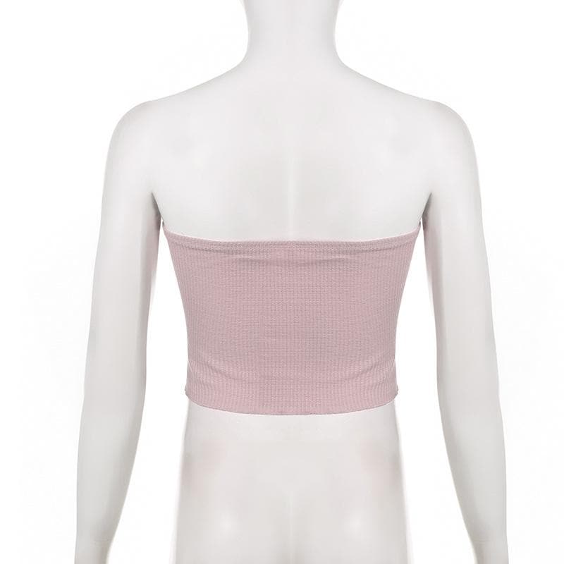 Textured lace hem backless ruffle contrast tube crop top