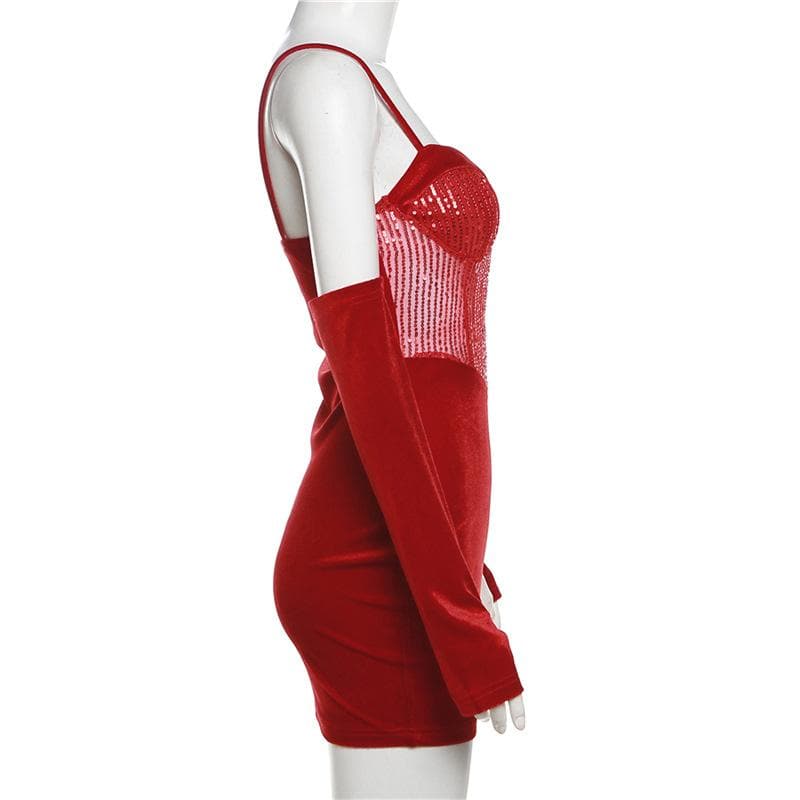Sweetheart neck gloves velvet glitter mesh patchwork cami dress