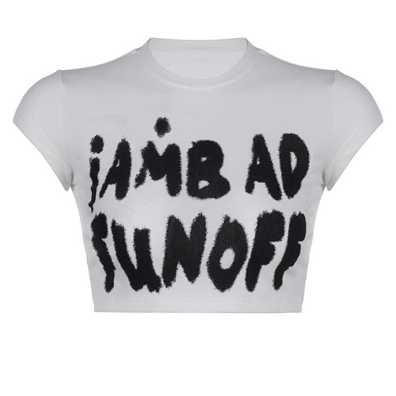 Cap sleeve crewneck "iAM BAD FUN OFF" pattern crop top