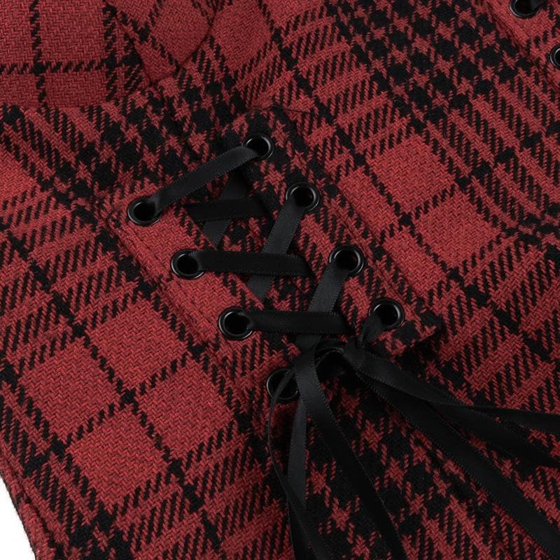 Plaid sweetheart neck lace up lace hem backless cami top