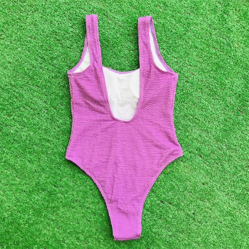 Textured sleeveless u neck solid one piece swimwear