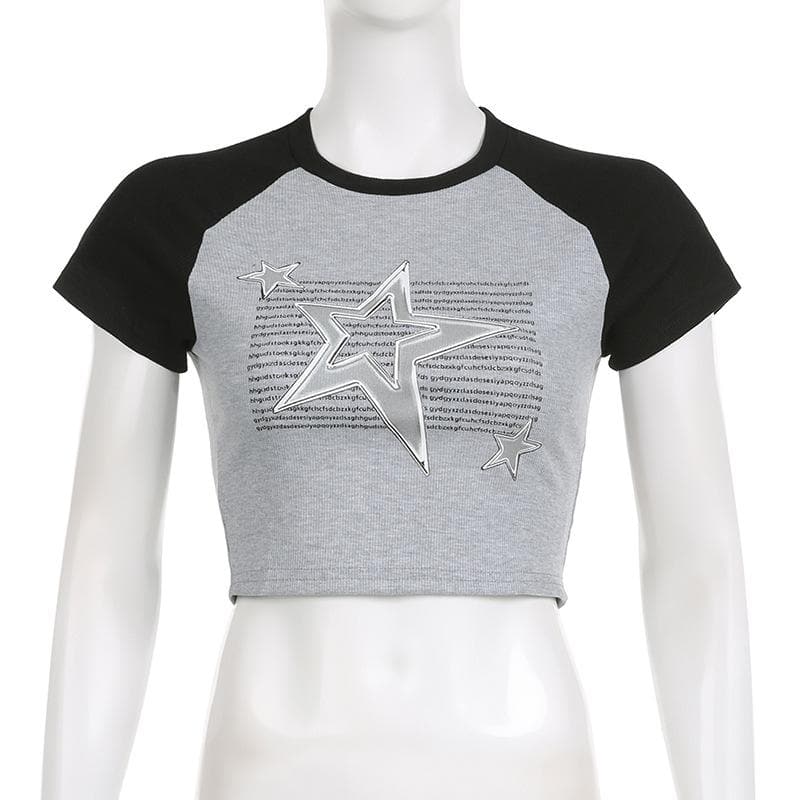 Ribbed patchwork star pattern contrast short sleeve crop top