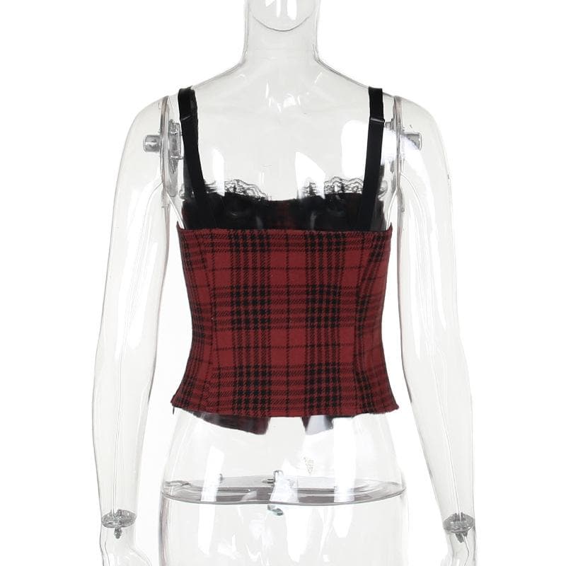 Plaid sweetheart neck lace up lace hem backless cami top