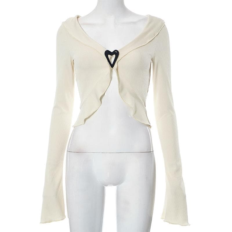 Ribbed flared sleeve heart applique ruffle v neck crop top