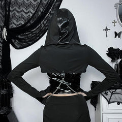 Patchwork metal chain buckle hoodie long sleeve crop top