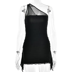 Solid one shoulder mesh patchwork ruffle ruched zip-up mini dress