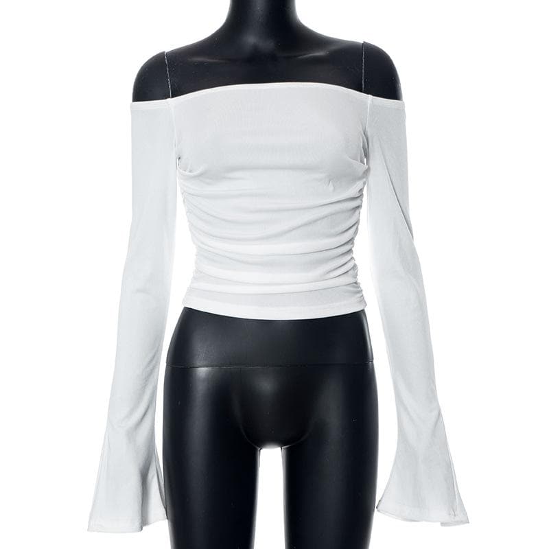 Ribbed long flared sleeve solid ruched off shoulder top