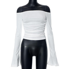 Ribbed long flared sleeve solid ruched off shoulder top