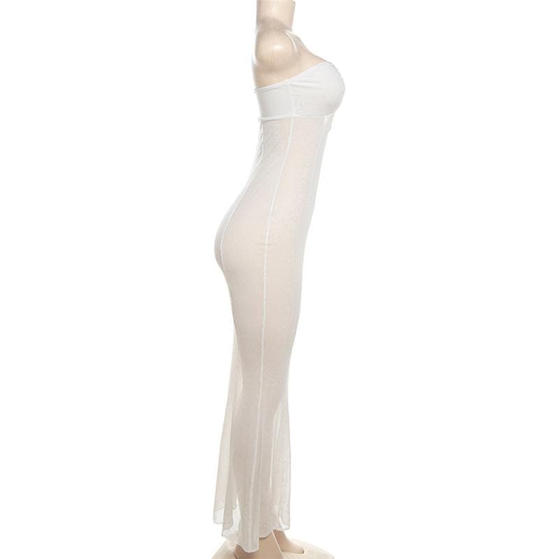 Mesh see through o ring hollow out backless tube maxi dress