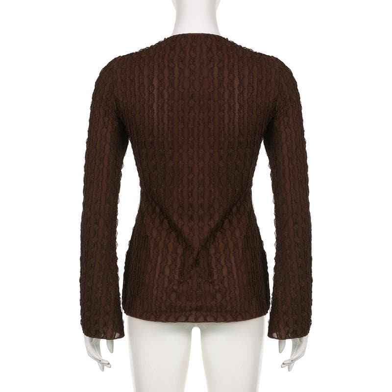 Textured butterfly pattern self tie long sleeve v neck crop top
