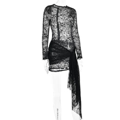 Lace see through long sleeve zip-up self tie ruched mini dress